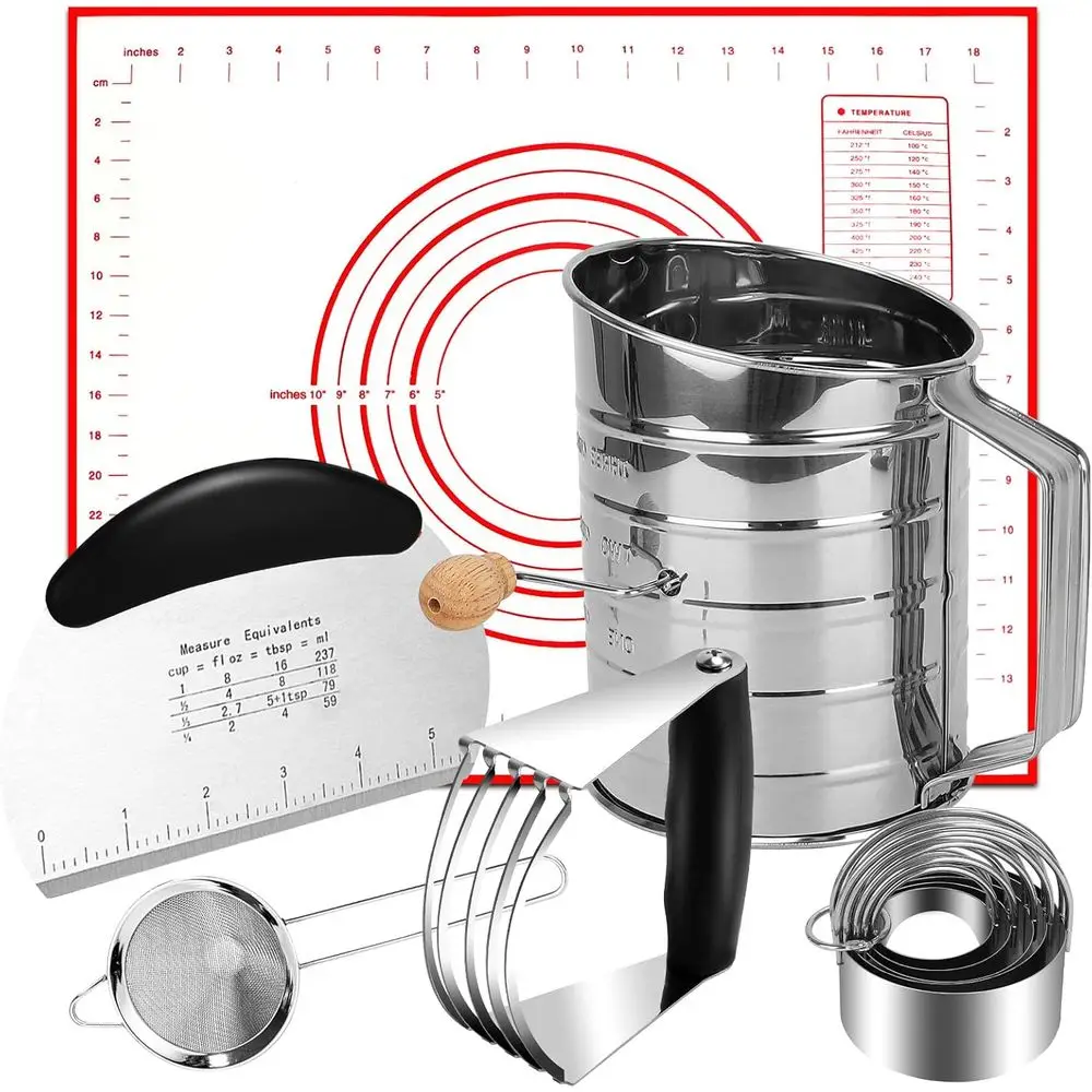10-Piece Stainless Steel Cookie Cutter Set with Pastry Blender, 5 Cutters, Dough Cutter, 3-Cup Flour Sifter, Baking Mat, and Mes