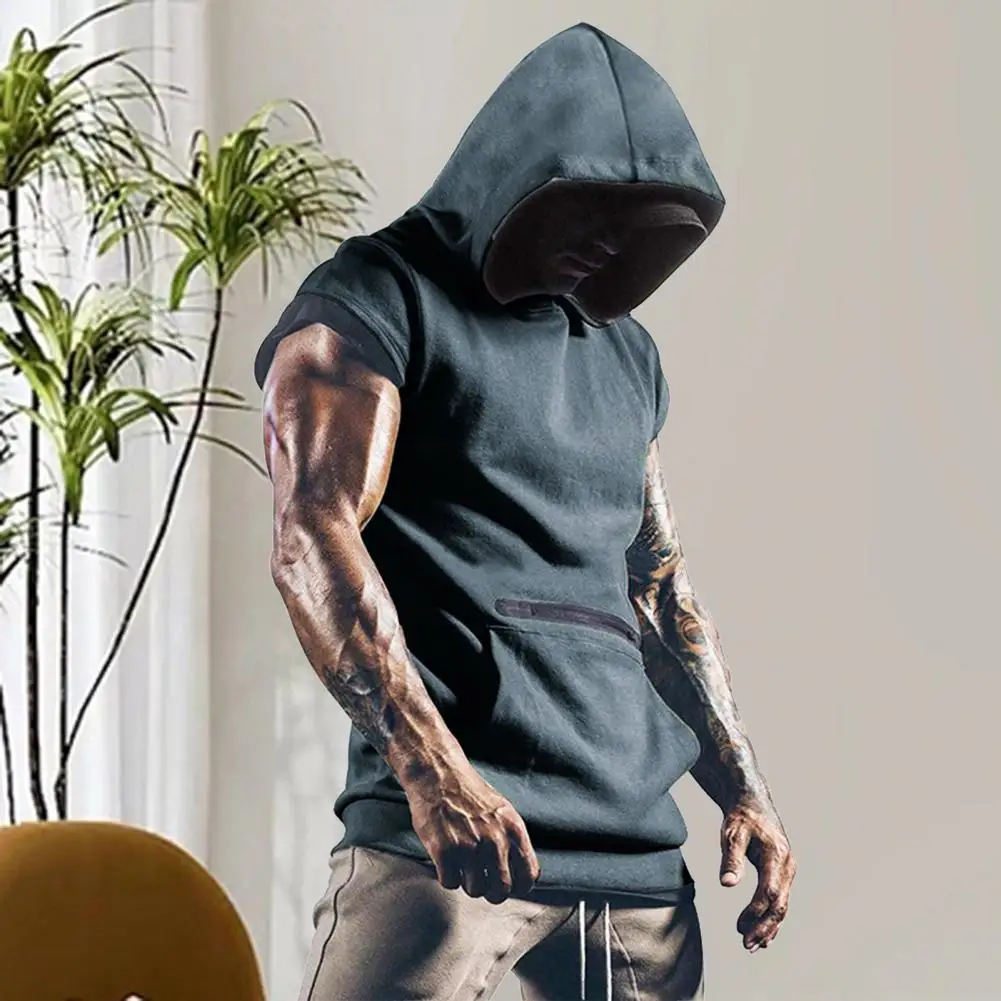 Trendy Hoodie Vest Stretchy Sweatshirt Vest Front Pocket Men Bodybuilding Sleeveless Hooded Tank Top  Moisture Wicking