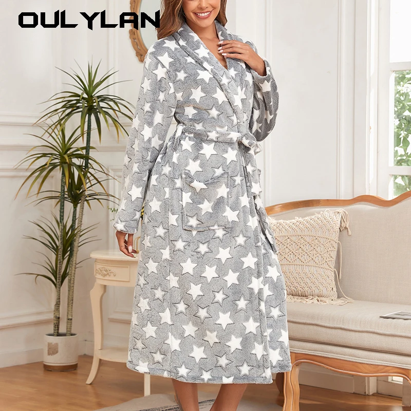 Oulylan Casual Femme New Winter Nightrobe Women Sleepwear Loose Flannel Fleece Robe Night Wears Nightgown Female Home Clothes