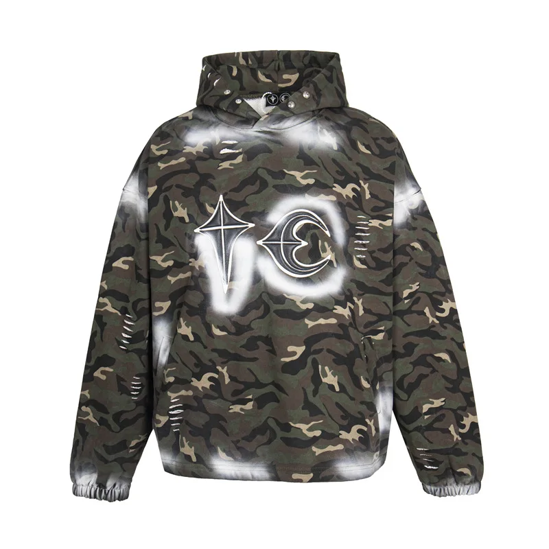 Thug Club 2026 New Camo Spray-Painted Ripped Patchwork Embroidered Fleece Hoodie Oversized Unisex Streetwear