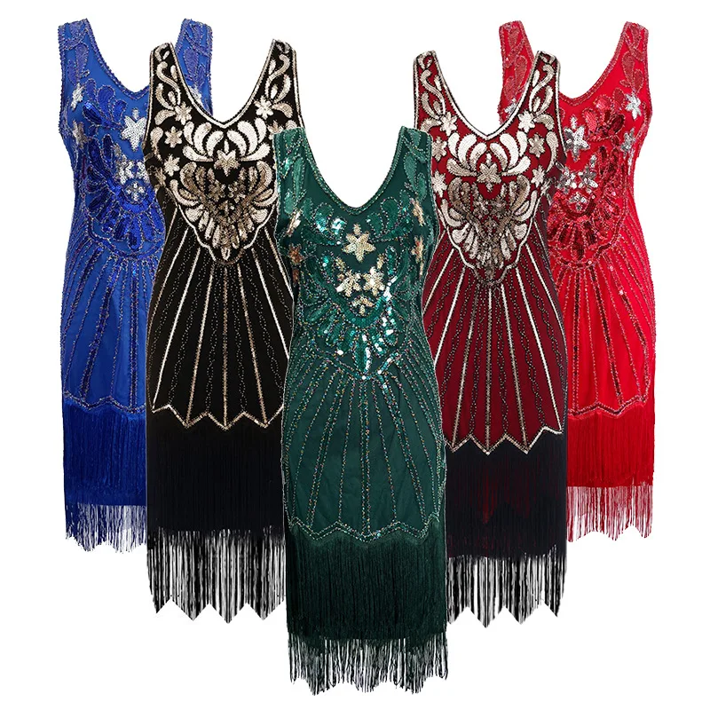 

Women 1920s Art Deco Fringe Dress Gatsby-Era Beaded V-Neck Gown Theatre-Level Flapper Costume for Vintage Halloween Galas