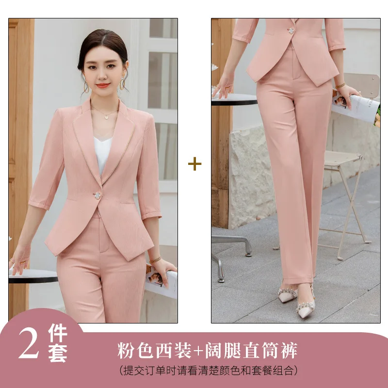 Pink Cotton Women Suits Set 2 Piece Blazer+Pants Female Formal Office Lady Business Work Wear Wedding Coat Prom Dress Jacket