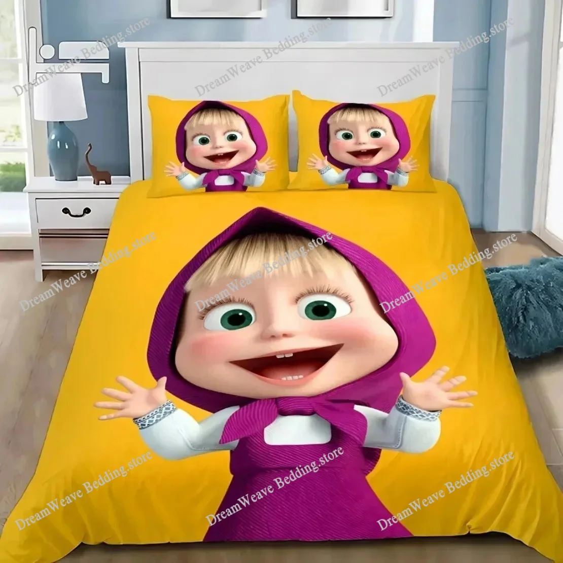 Exquisite 3D Cartoon B-Bear Wallpaper M-Masha Girl Digital Printing Bedding Set Duvet Cover Comforter Bed Youth Kids Girls Gift9