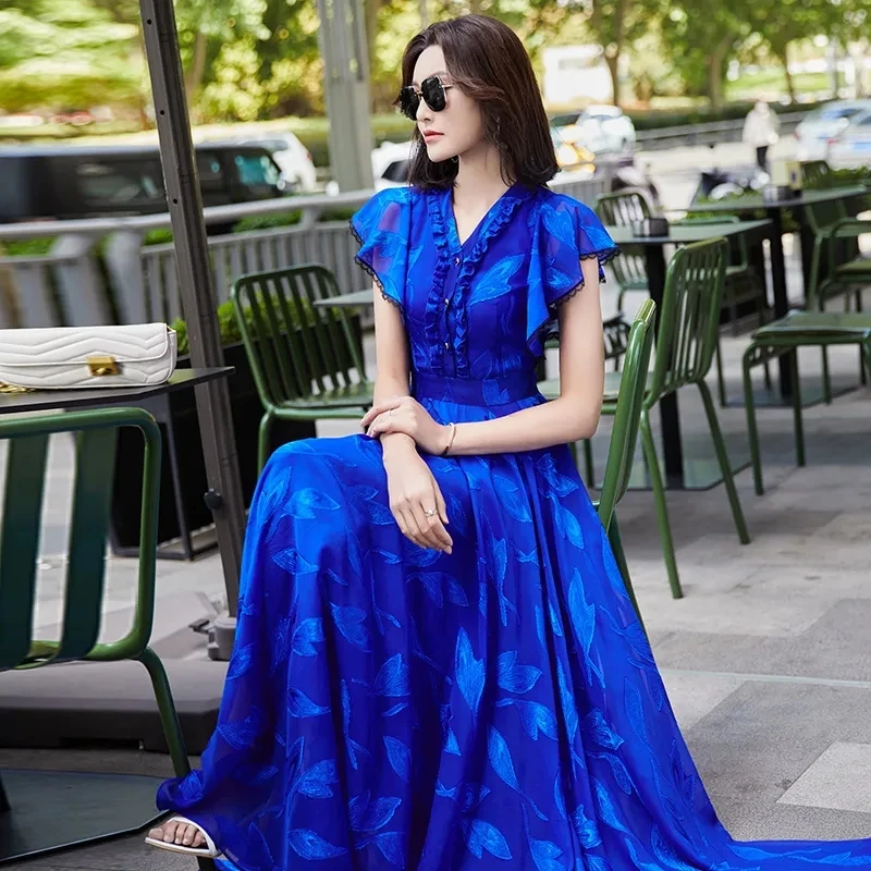 Blue Women 2024 New Summer Chiffon Boho Dress elegante Floral Beach Chic Casual scollo a v Fashion Long Prom abiti aderenti per