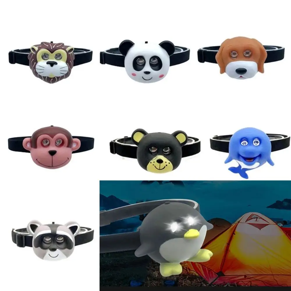 Mini Running Riding Light with Headband Head Torch Child\'s Headlight Cartoon Animal Headlamp SOS Flashlight Kids Gift