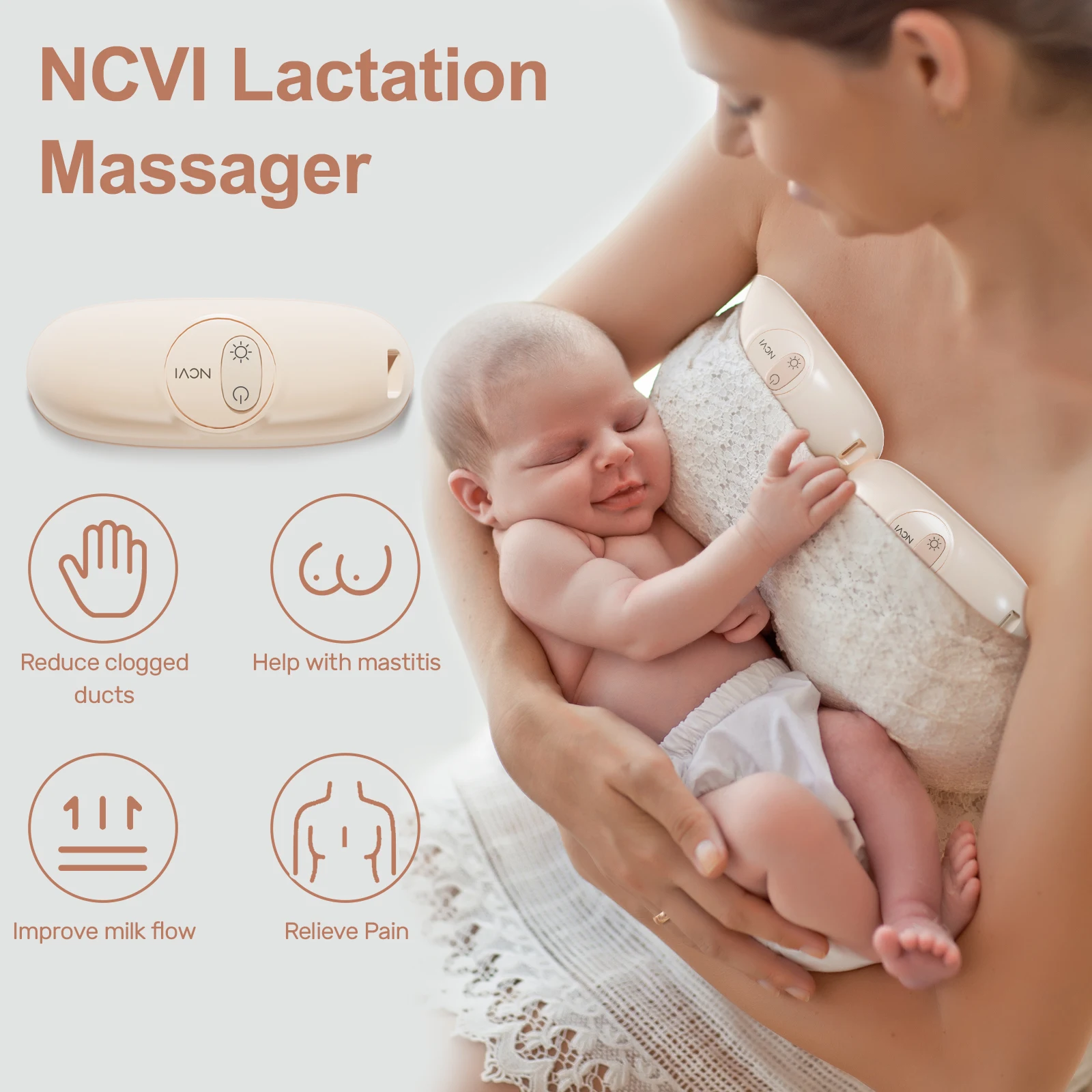 NCVI Breast Massager with Heat and Vibration 2 in 1- Ergonomic, Portable Breastfeeding Support for Nursing Moms, BPA-Free