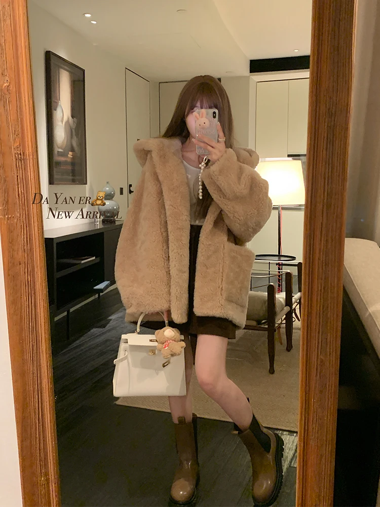 

Dayaier "Warm Blow" 2024 Winter New Lamb Fur Hooded Fur Coat Loose Young Sle Women's Faion Long Sve Commute Sle