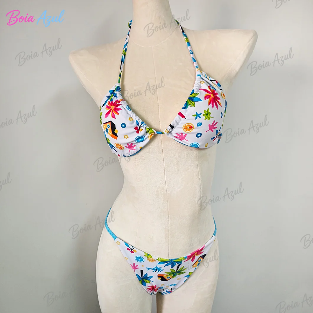 

Boia Azul Tropical Flower and Fruit Print Triangle Bikini Swimsuit Neck-Attached Two-Piece Swimsuit Off-the-Shoulder Swimsuit