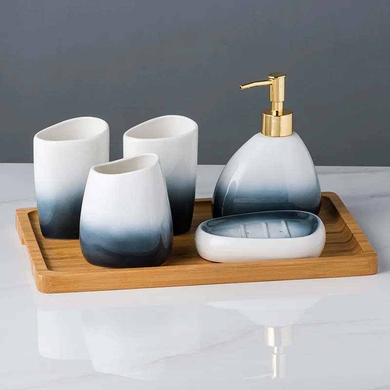 Gradient Gray Ceramic Sanitary Ware Settoothbrush Cup Lotion Dispenser Soap Dish Toothbrush Holder Wash Bathroom Suit