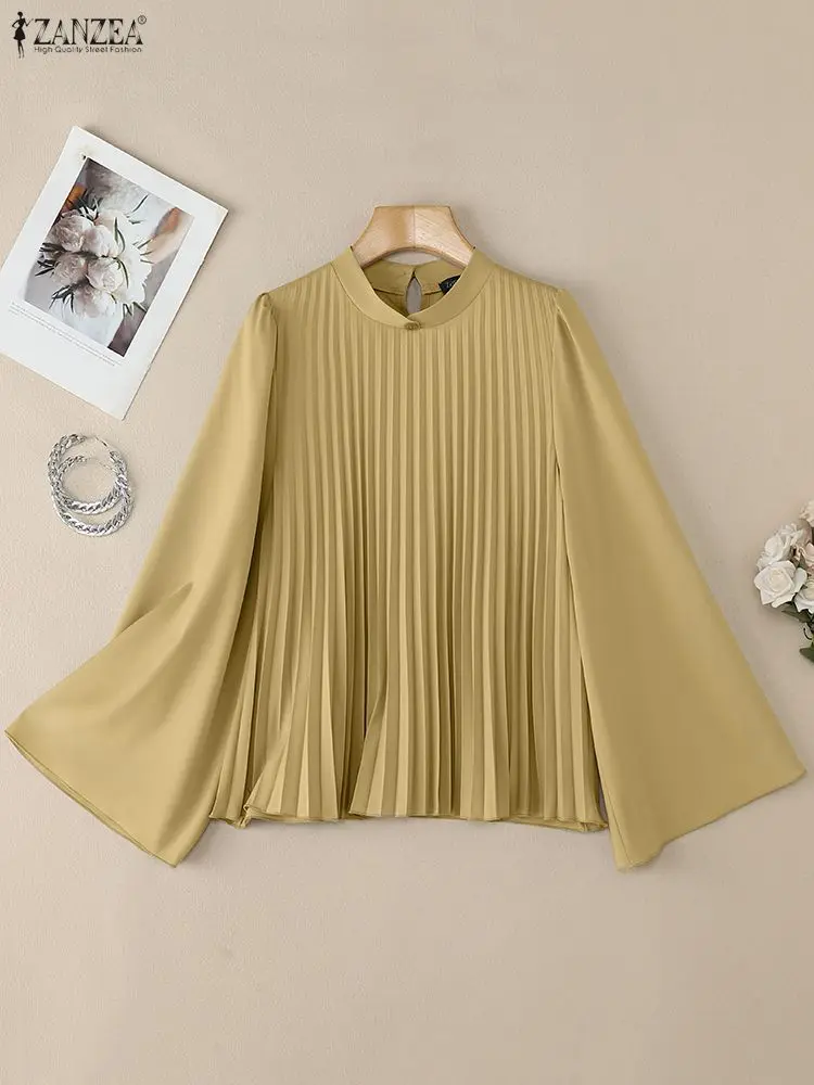 Femmes élégant Chic Plisse Blouses col montant manches longues évasées couleur unie hauts plissés ZANZEA automne mode femme vêtements