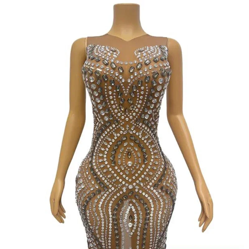 Full Rhinestones Evening Dress Women'S Party Festival Outfit Sexy Stretch Brown Mesh Long Dress Stage Celebrate Costumes XS6801