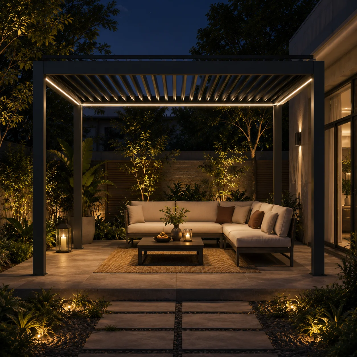 Courtyard Heavy Duty High Quality Aluminum Alloy Pavilion Integrated LED Lights and Waterproof System Pergola Household Gazebo