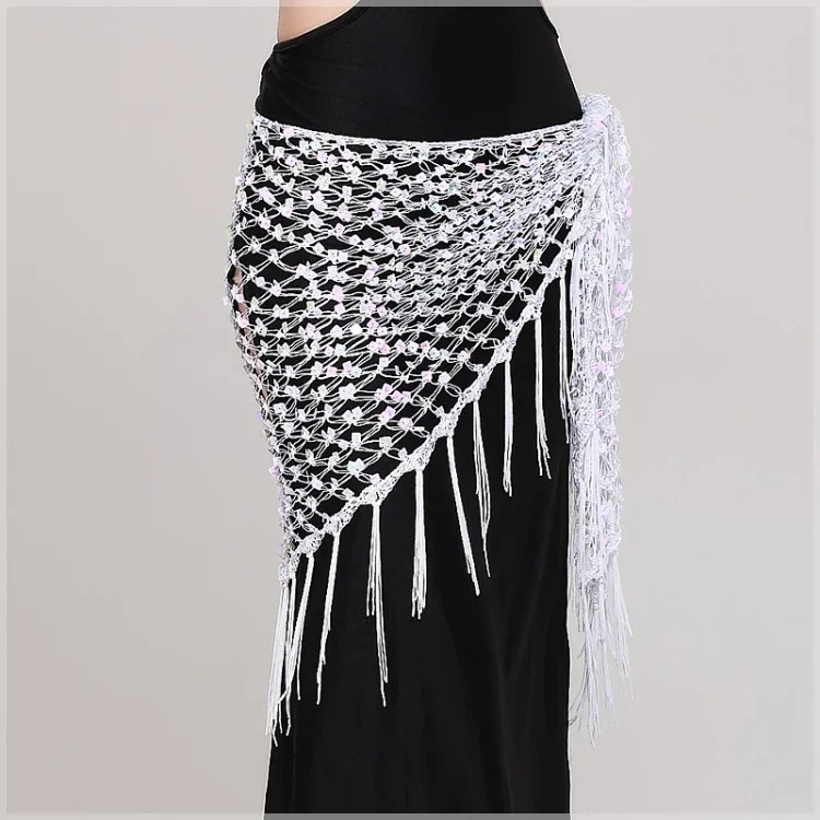 12 colors belly dance accessories long tassel belt elastic triangle of hand crochet belly dancing hip scarf sequins girls belt