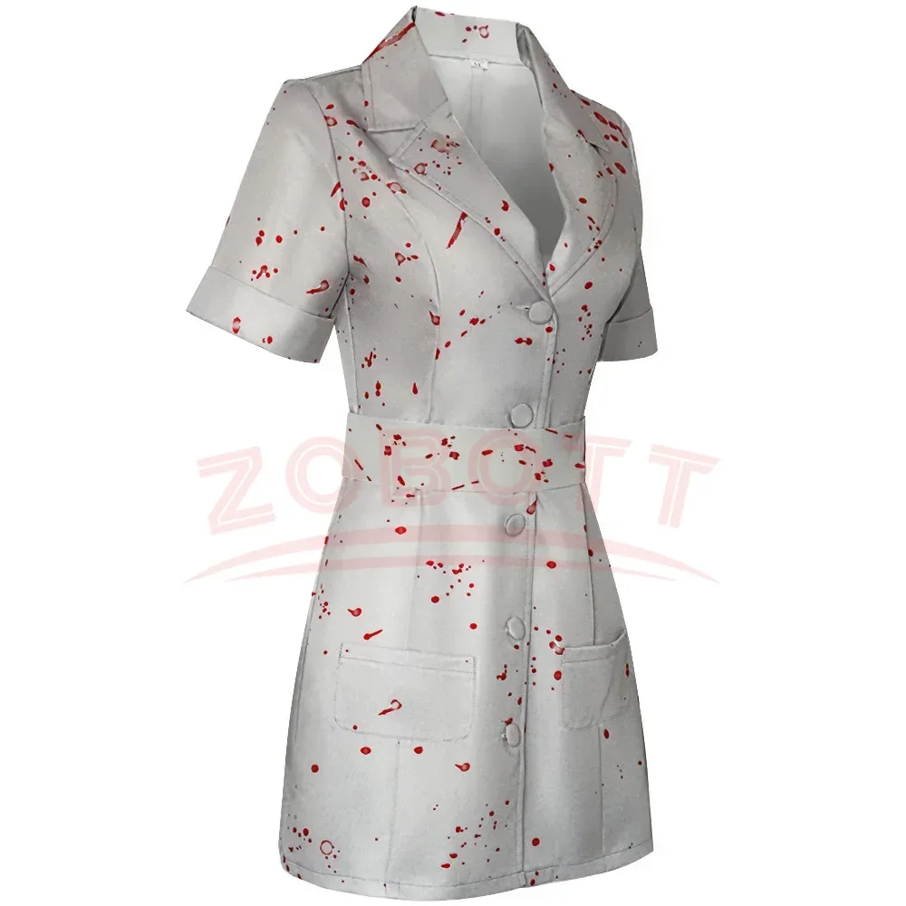 Film Silent Hill Cosplay Kostuum Verpleegster Witte Bloedgekleurde riem en hoed Uniform Fancy Halloween Carnaval Feestjurk voor Vrouw