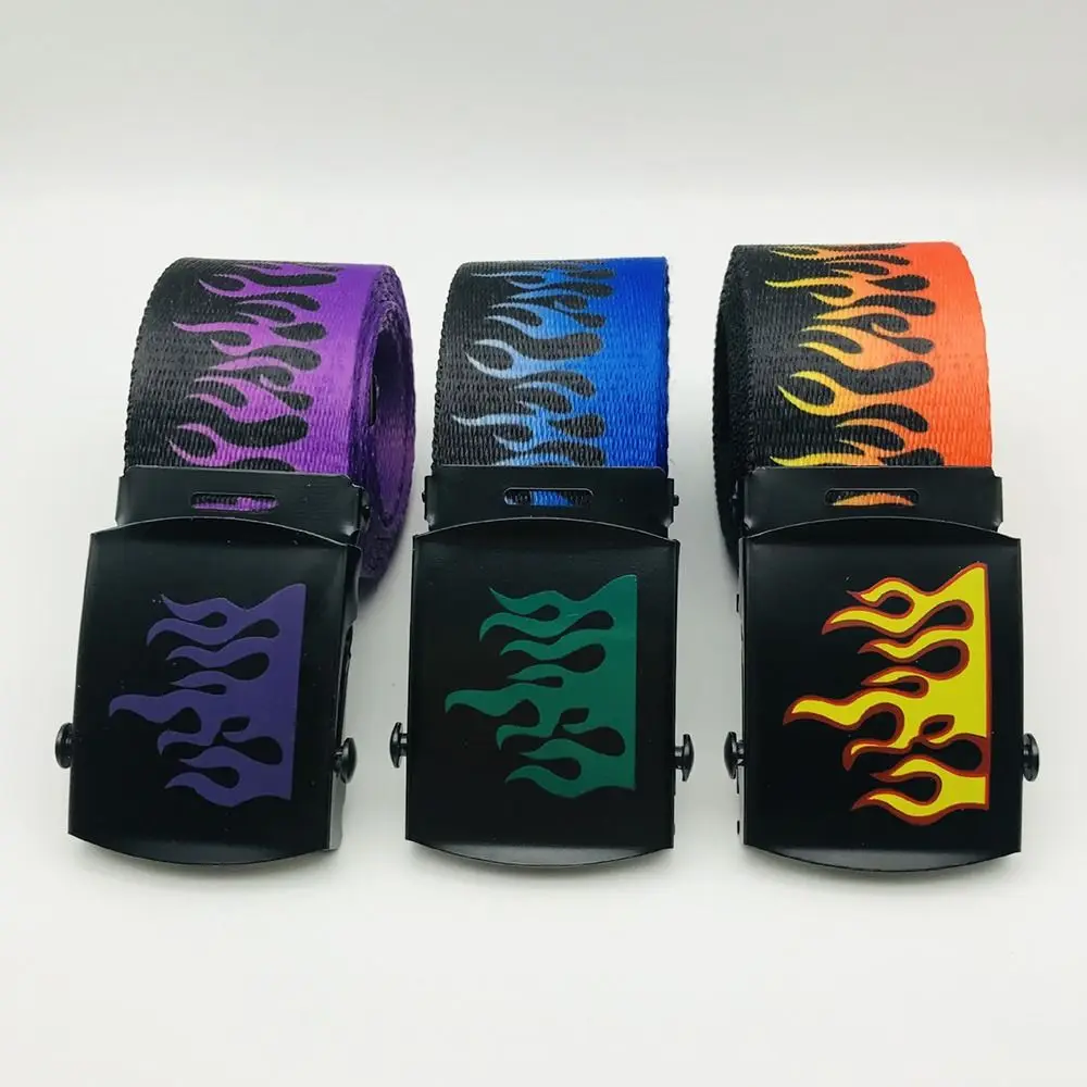Women Men Unisex Flame Print Canvas Belt Fashion Hip Hop Automatic Buckle Simple Versatile Jeans Student Trend Belt Waistband