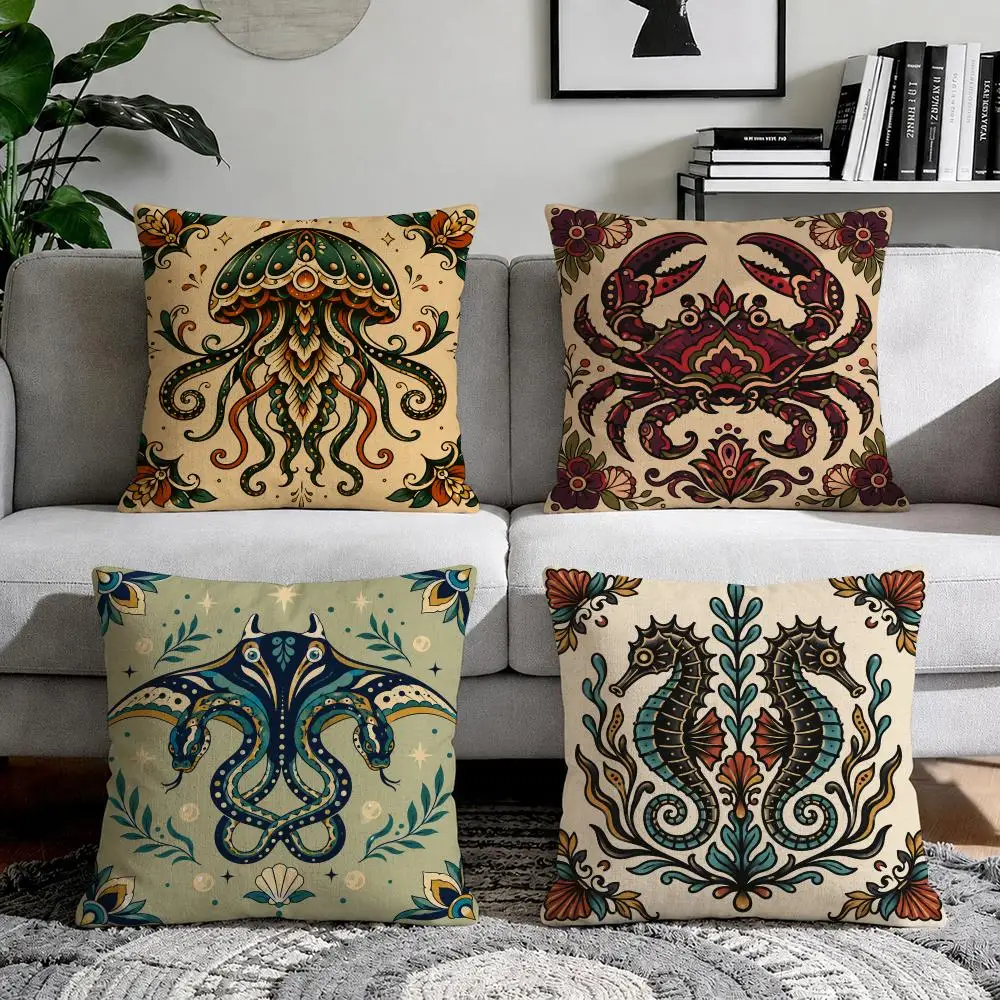 Marine Mythology Tattoo Cushion Cover Linen Throw Soft Decorative  for Bed Sofa Car Home Decor Pillowcase 45x45cm