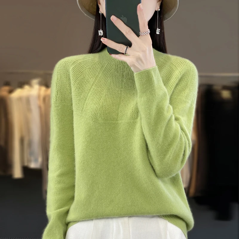 

Autumn and winter new women's semi-high collar 100% Merino sweater pullover sweater solid color Korean cashmere knitting base.