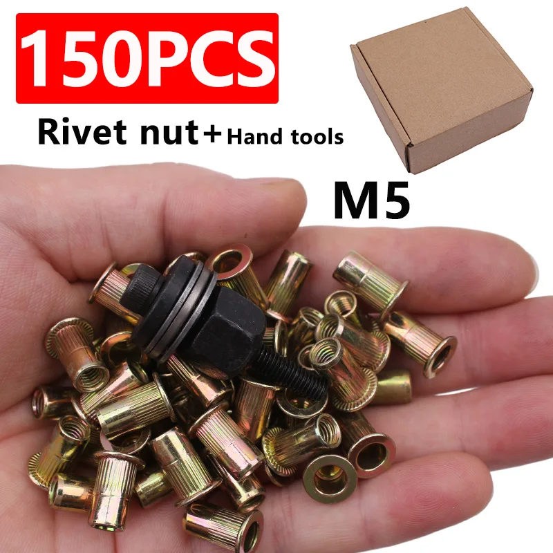 150Pcs M5 Individually Packaged Galvanized Flat Head Threaded Insert Rivet Nuts Suitable for Furniture, Decoration, Automotive, Marine, and Industrial Applications
