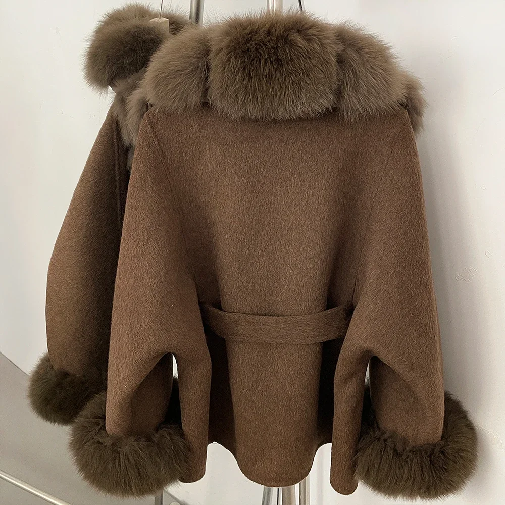 OFTBUY Luxuriöser Echtfuchs-Pelzkragen Wollmantel für Damen Neue Herbst-Winter-Kleidung mit Natürlichem Pelzgürtel 100% Wollmantel für Frauen – Detail 10