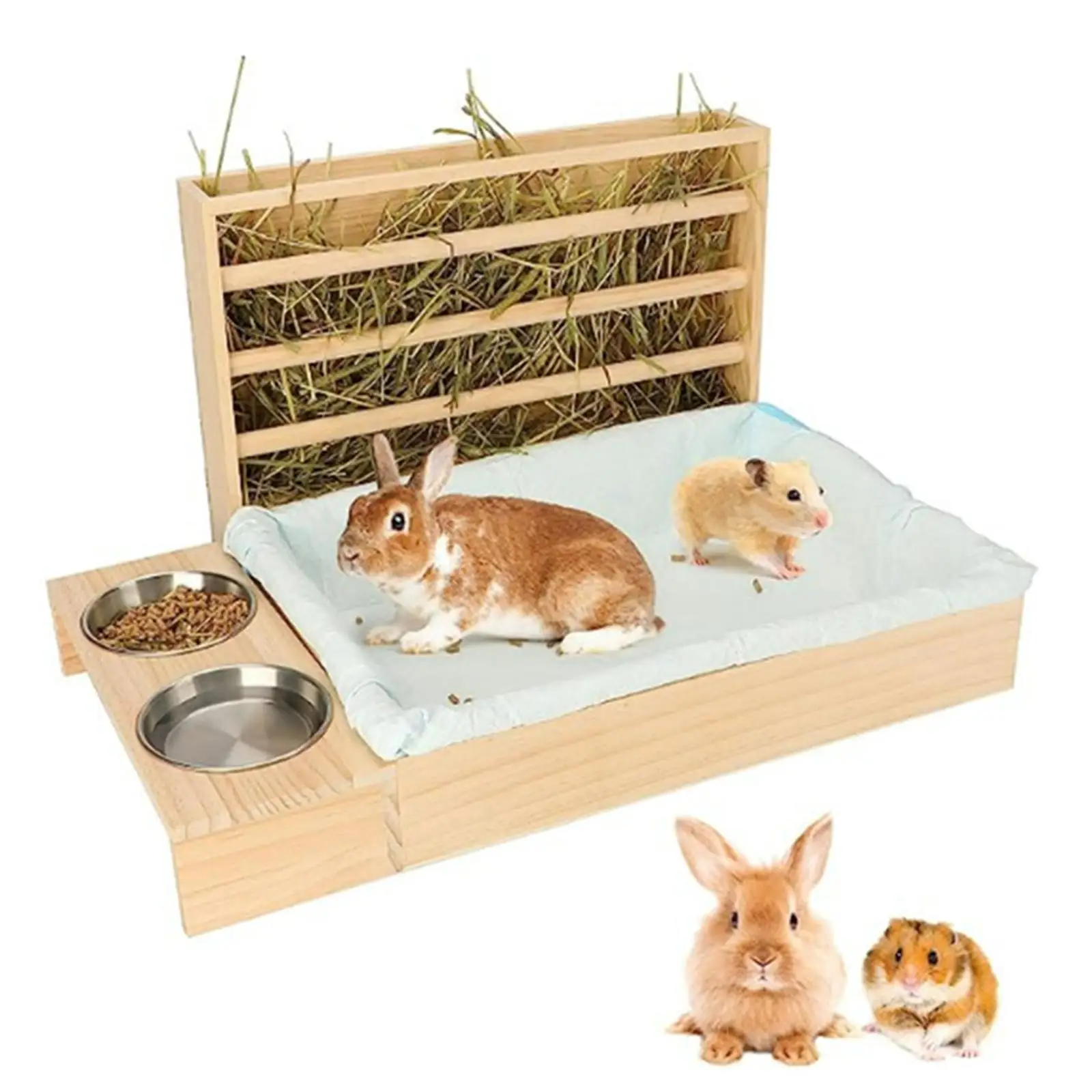 Bunny Hay Manger Wooden Hay Feeder with Litter Box Bowls Water Feeder