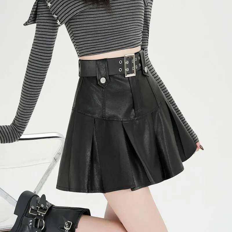 Saia de couro preto do vintage punk feminino sexy plissado grunge retro mini saia y2k gótico streetwear a linha senhoras saias