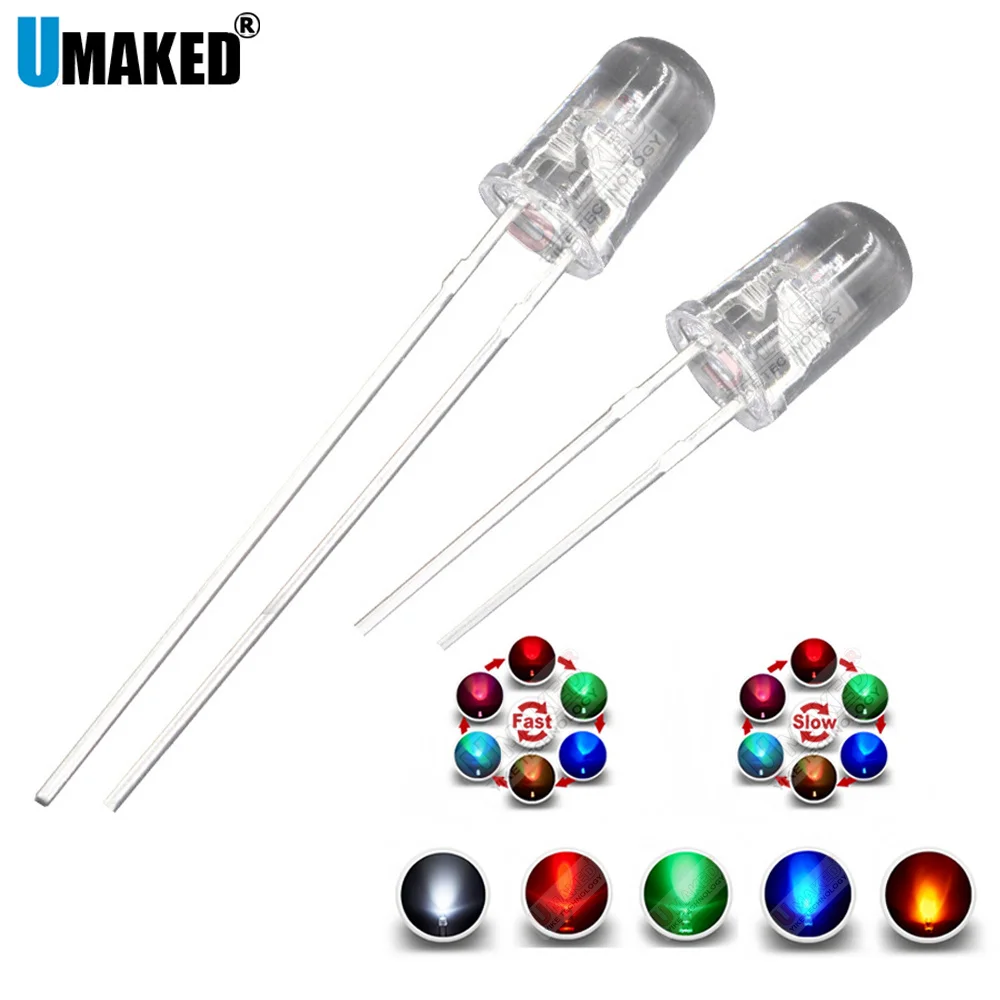 

1000Pcs 5mm Led Diodes Self-Flashing White Red Green Blue Yellow Clear len Color Changing Light Emitting diy led lamp beads DIP