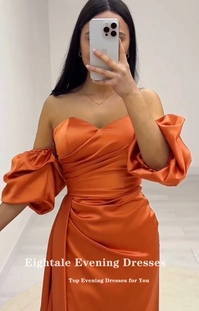 Eightale Elegant Evening Dresses with Detachable Sleeves Orange Satin Mermaid Prom Wedding Party Gown Robes De soirée