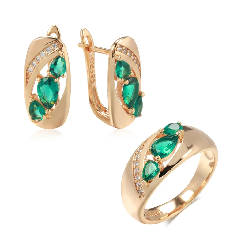 Wbmqda New 585 Rose Gold Color Earrings Ring For Women Unusual Green Natural Zircon Ethnic Bride Vintage Wedding Jewelry Sets