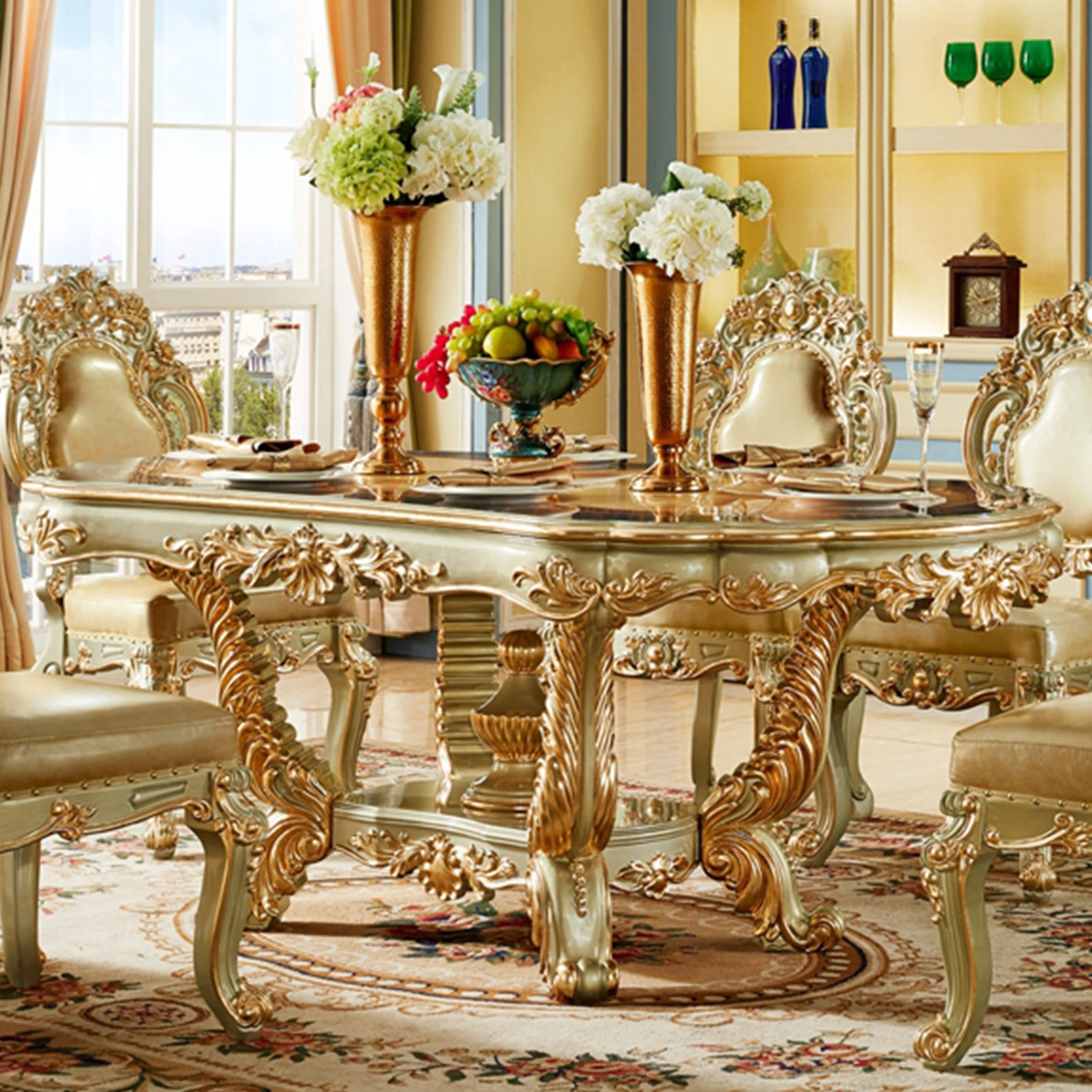 ^& European Luxury Classic Dining Furniture Dining Table Set French Royal Gold Wooden Frame Home Dining Table With 6 Chairs
