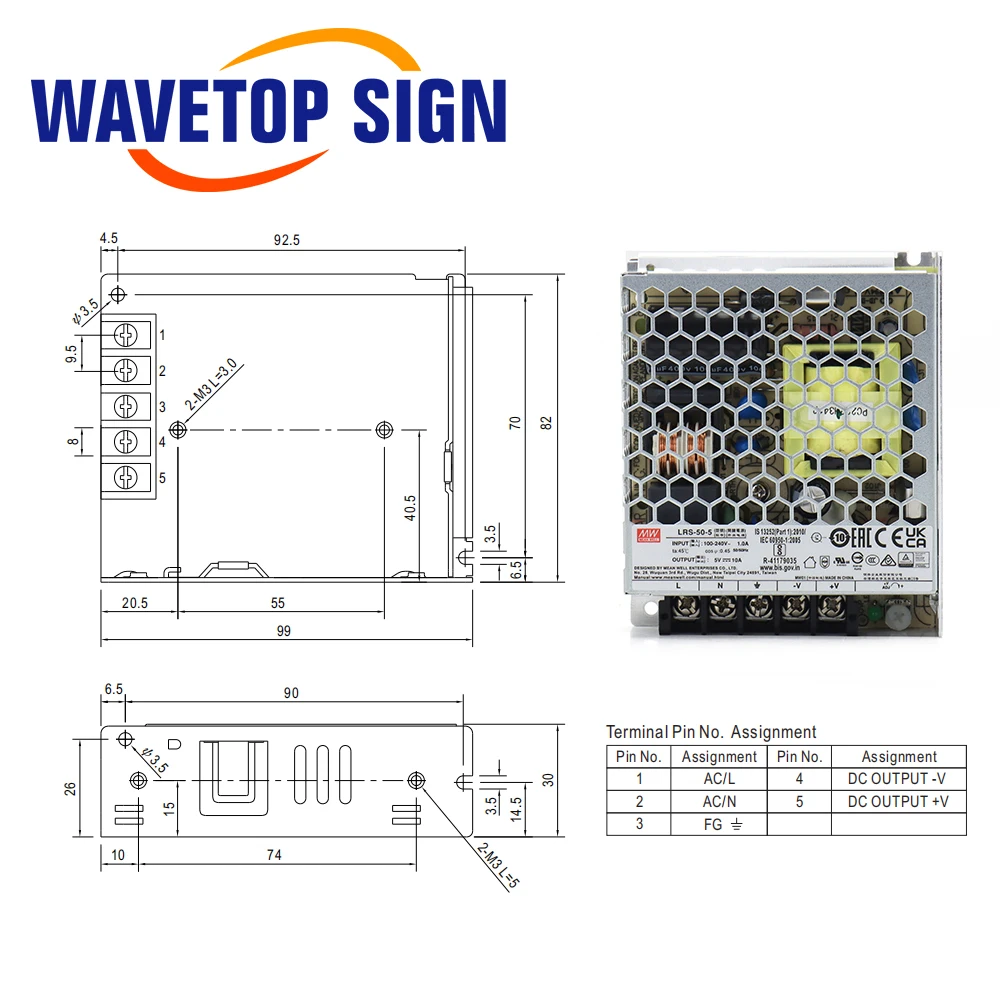 WaveTopSign Alimentatore interruttore MeanWell originale LRS-50W 5-48V per controller macchina per incisione laser