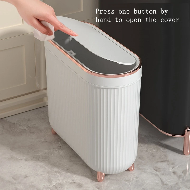 Luxury Press Trash Can with Foot for Bathroom, Kitchen Garbage and Toilet, Waterproof Gold Trash Can with Lids, 12L, New