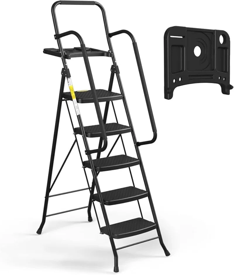 

HBTower 5 Step Ladder with Handrails, Folding Step Stool with Tool Platform, 330 LBS Portable Steel Ladder for Adults, Black