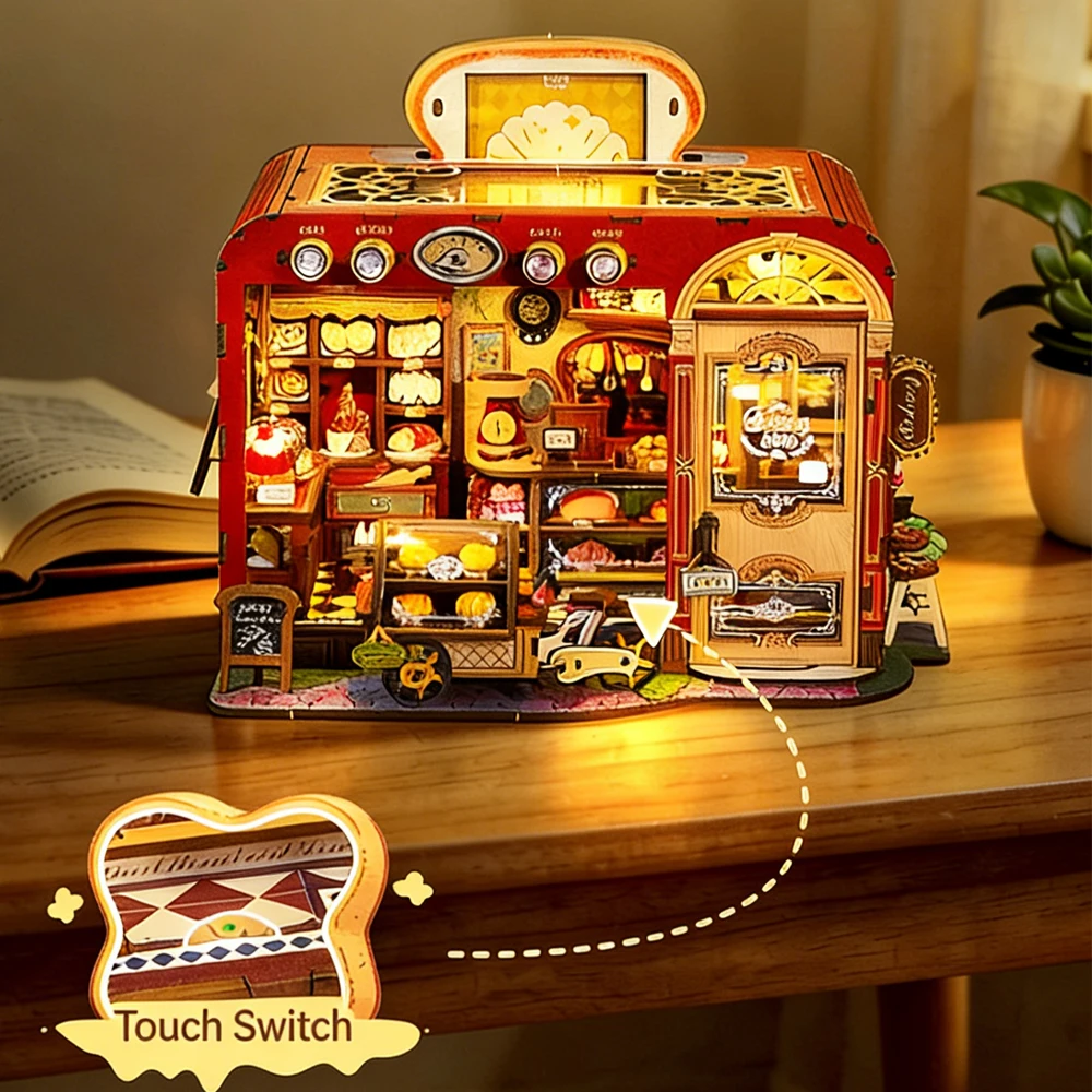 DIY Dollhouse Bakery Kit Wooden Puzzle 3D Building Model with Light Interactive Pop Up Simulation Craft Set Gift for Girls Adult