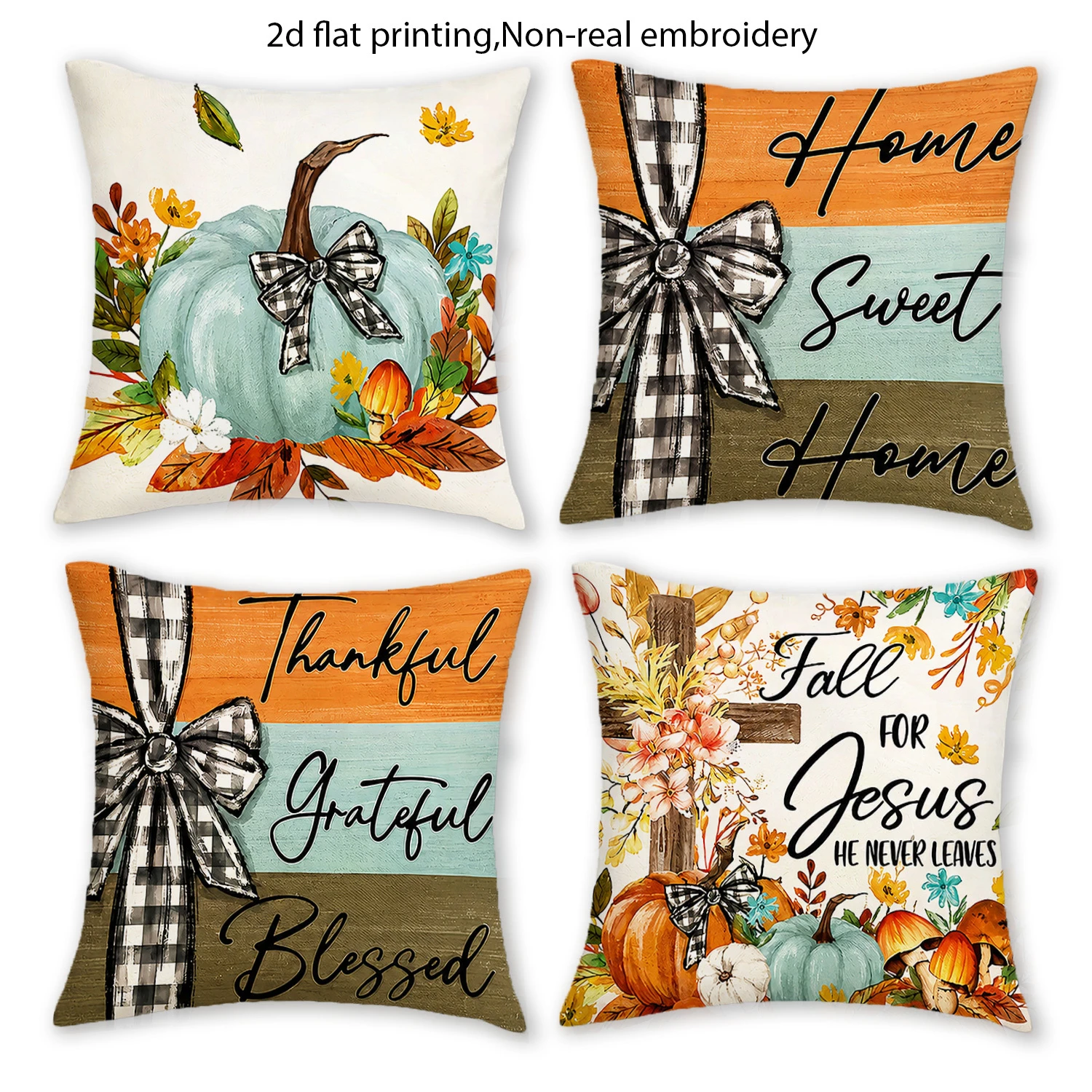 4pc Fall Farmhouse Throw Pillow Covers Set of 4  Thanksgiving Rustic Home Decor Cushion Cases with Pumpkin Cross Floral Designs