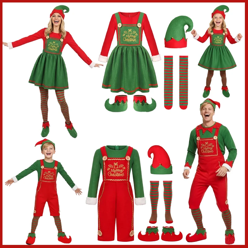 

Red Green Christmas Elf Cosplay Costume Fancy Santa Claus Adult Kids Outfits New Year Family Party Festival Girls Women Dress