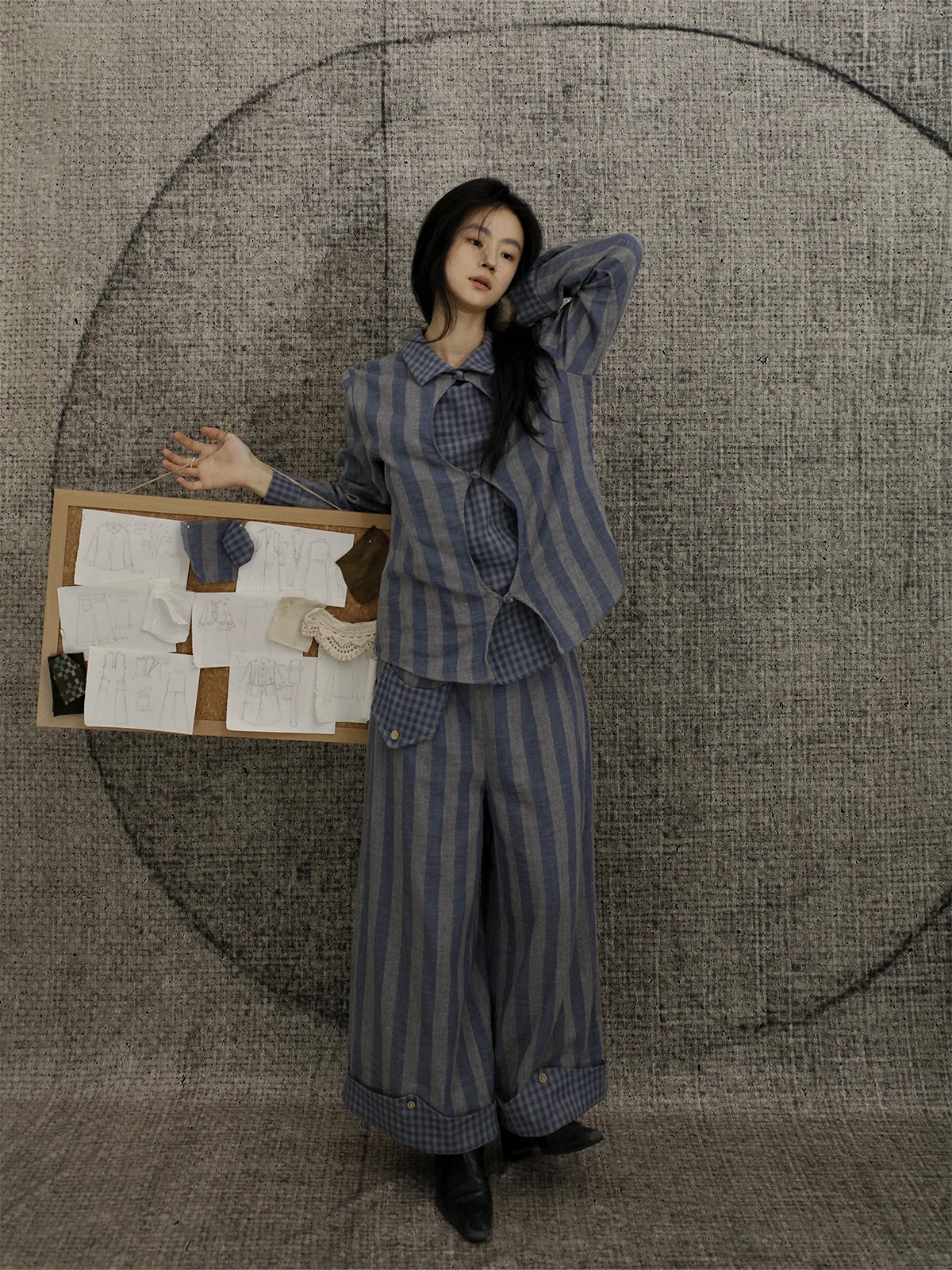 

Blue Stripe Casual Long Sve Hooded Top Cotton Flannel False Two-Piece Soft Comfortable Breathable Women's irt