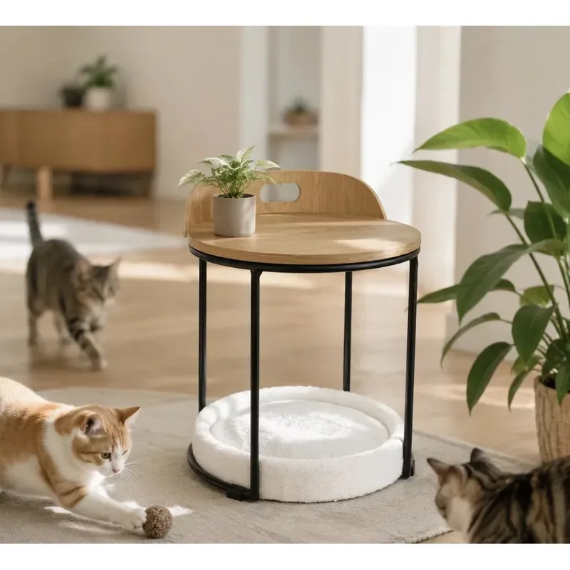 2 in 1 Curved Wooden Stool with Cat Bed Oak Veneer Top Heavy Duty Iron Frame Suitable for Small Spaces