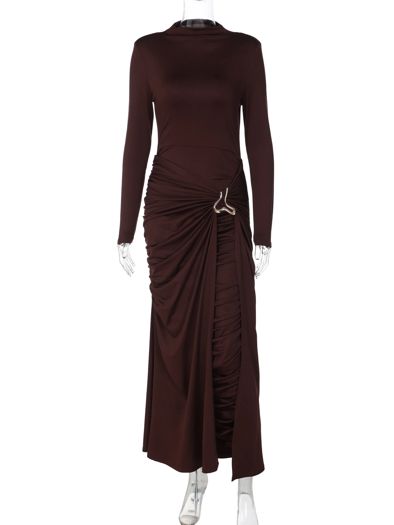 Dulzura Oansatz Lange Ärmel Geraffte Metall Dekoration Schlanke Lange Kleid Frauen Solide Sexy Elegante Kleidung Party Club Herbst Outfit