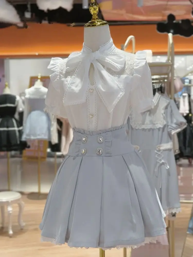

Japanese Harajuku Splice Lace Bow Lace Up Buttons Blouse Y2k Aesthetic High Waist Pleated Skirts Preppy Style Women 2 Piece Sets
