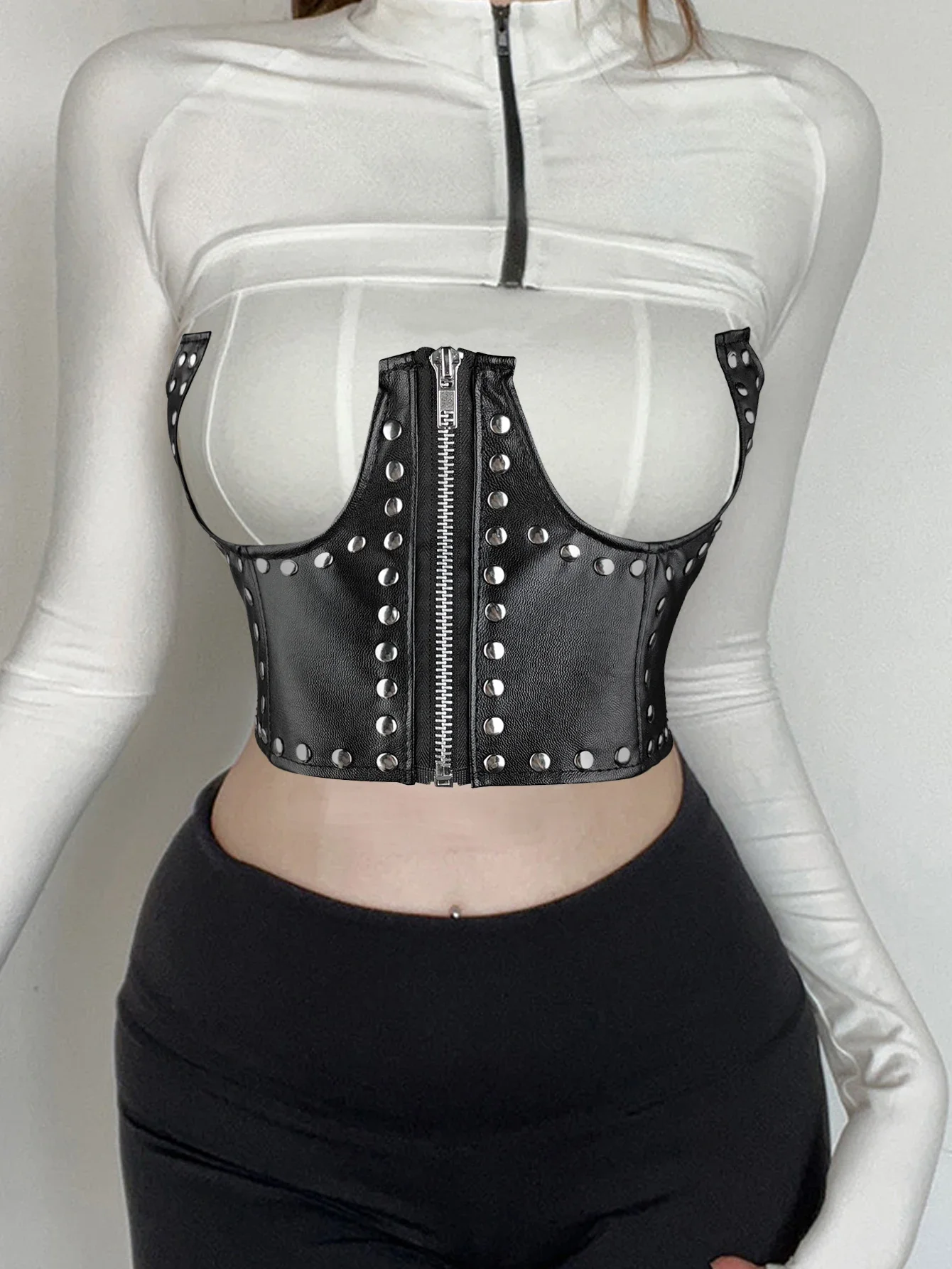 

Punk style rivet elastic waistband shirt dress versatile elastic women's decoration wide waist closure pull chain style