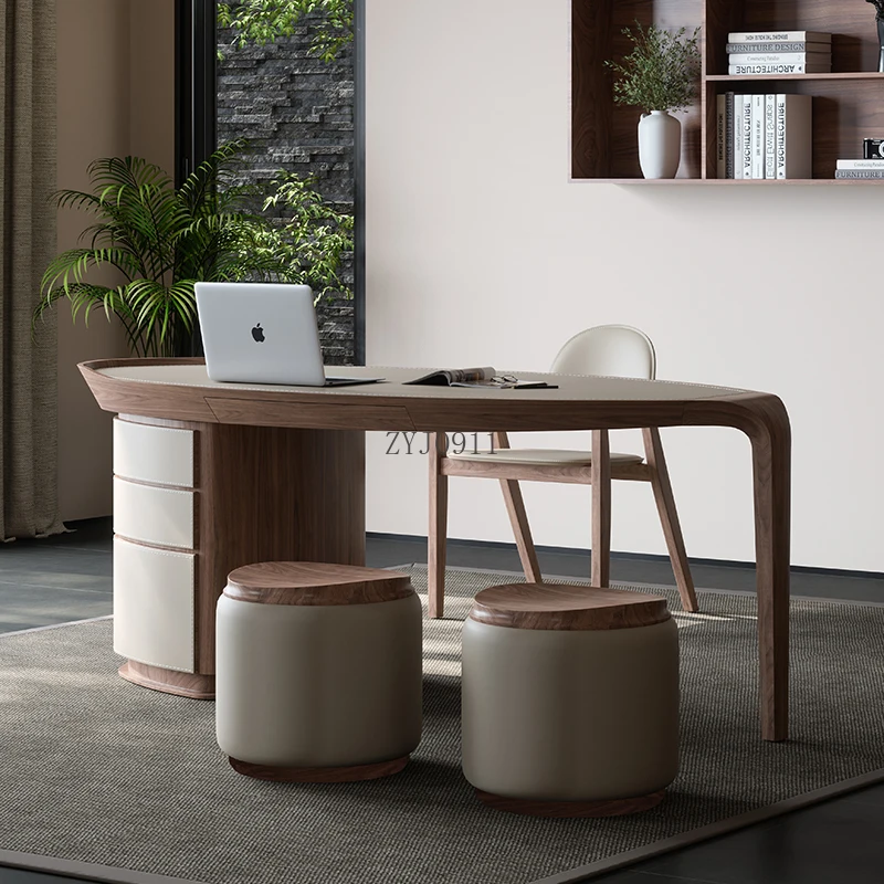 Retro solid wood saddle leather desk, office Italian study writing desk computer desk