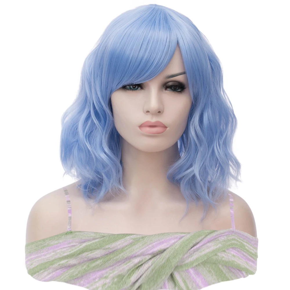 Short Cosplay Wave Wigs For Women Blue Wig With Side Bangs Synthetic Wig Daily Party Heat Resistant