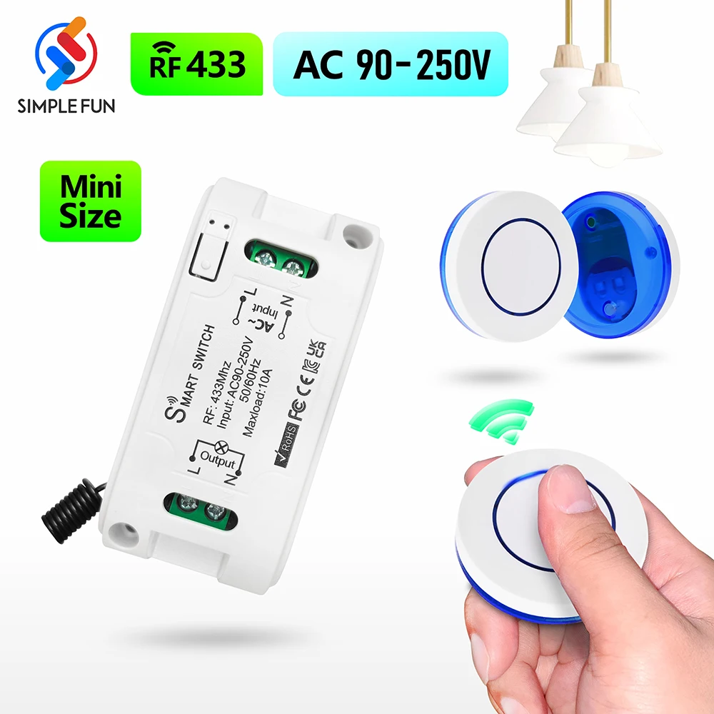 RF Wireless Remote Control Light Switch AC 110V 220V 10A 433MHz Mini Relay Module Mini Push Button Remote for Lamp Fan ON/OFF