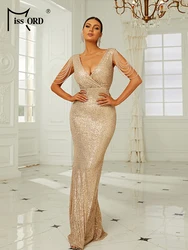 Missord Elegant Gold Beading Party Dress Women V-neck Sleeveless Sequin Bodycon Mermaid Evening Dresses Long Formal Gown