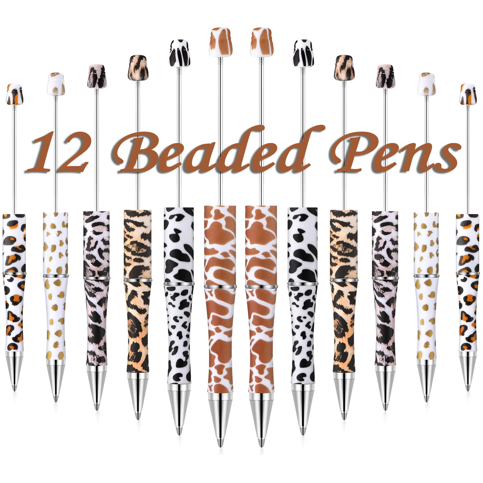 

12Pcs Newest Printed Leopard Beaded Ballpoint Pen DIY Beadable Pen Student Pens School Stationery Supplies