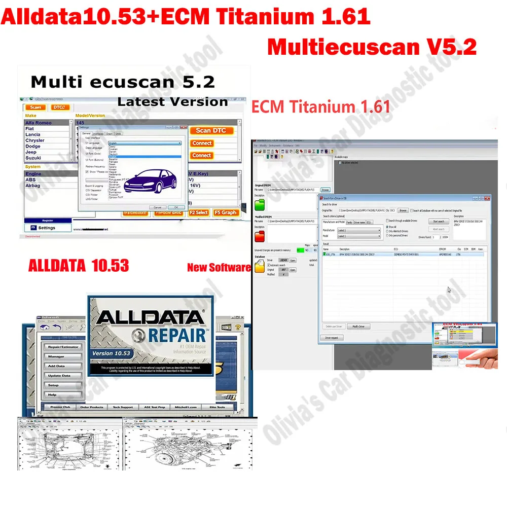 

ALLDATA 10.53 with Wiring Diagrams + Multiecuscan V5.2 Car OBD2 Scanner Software + ECM Titanium 1.61 With 26000 Driver ECM 18259