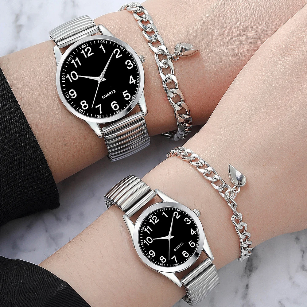 4pcs Silver Couple Quartz Watch Magnetic Heart Bracelet For Couple Fashion Creative Leisure Round Watch Dial Dainty Bracelet Set