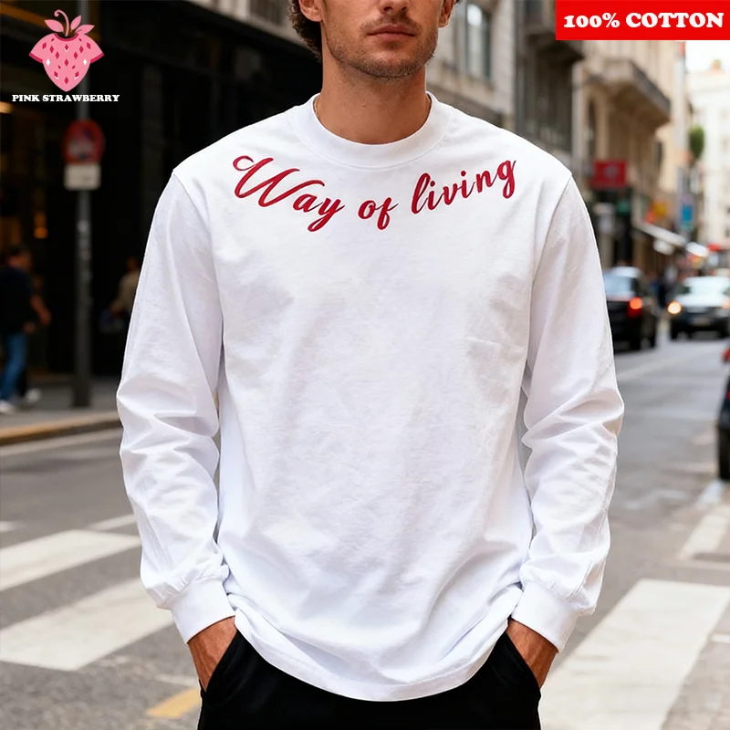 

100% Cotton White Long sleeves T-shirt Men Women 2025 Autumn New American Retro Letter Print T-shirt Loose Y2k Top Men clothing