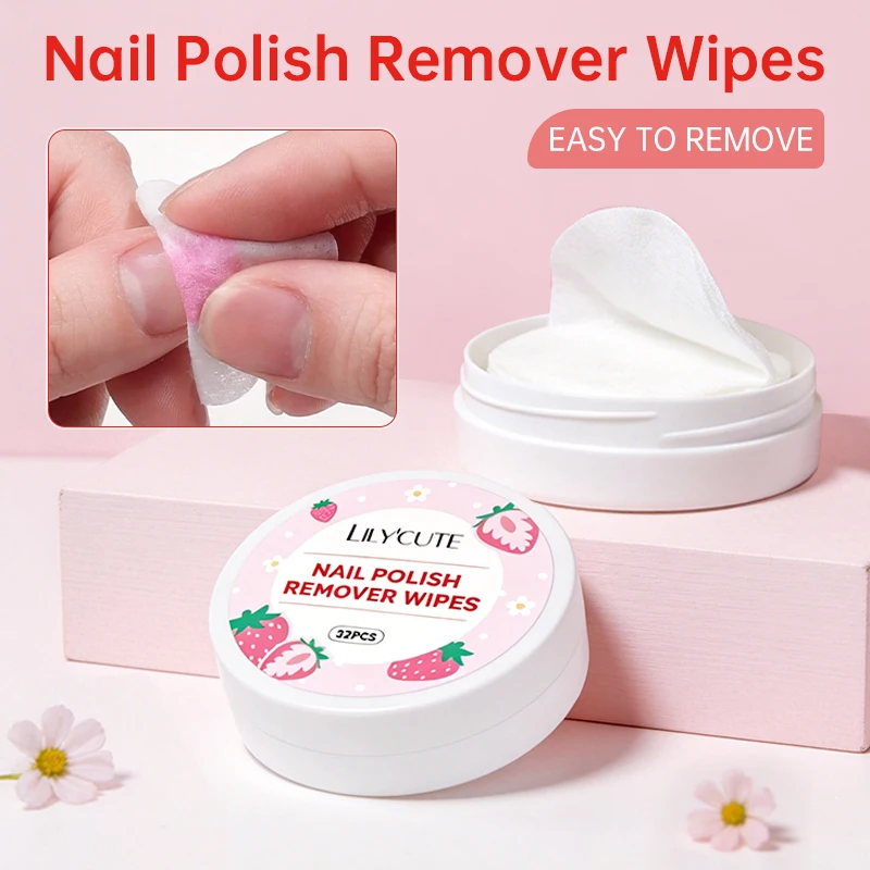LILYCUTE 32Pcs Lint-Free Box Strawberry Nail Polish Remover Wipes Soft Absorbable Pads for Easy Manicure & Pedicure Bueaty Care