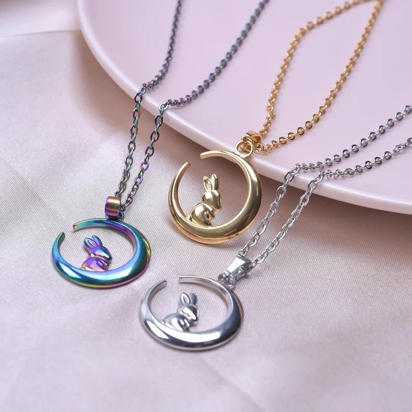 Kawaii Animal Rabbit Moon Pendant Necklaces For Women Men Accessories Stainless Steel Necklace Fashion Jewelry Neck Decoration